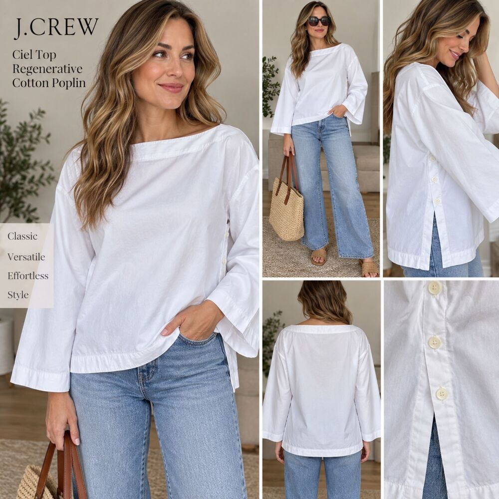 J.Crew Ciel Top CI507 White Regenerative Cotton Poplin Boatneck Side Button XS